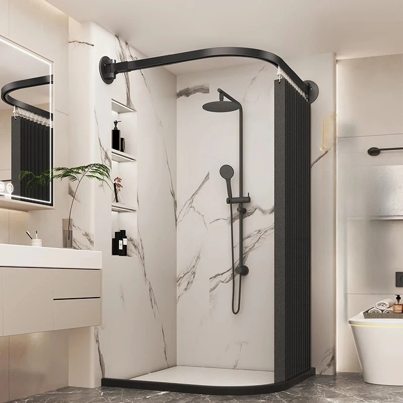 Arc Shower Curtain Poles Bathroom Telescopic Shower Rod No Punching Toilet Hanging Curtain Set Dry and Wet Partition Curtains