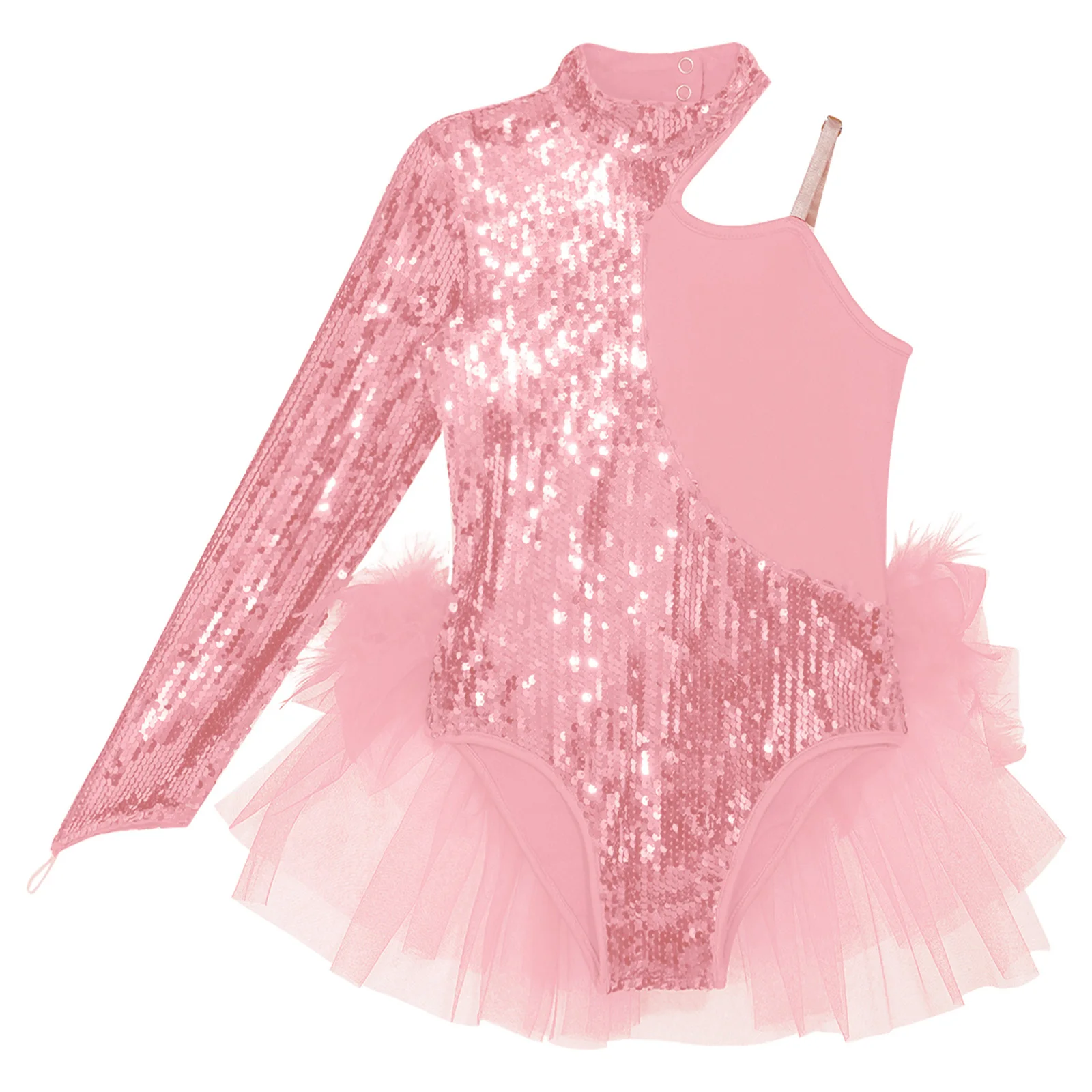 Girls Sparkly Sequins Feather Ballet Tulle Skirted Leotard Costume Long Sleeve Mock Neck Bodysuit Dance Performance Costume