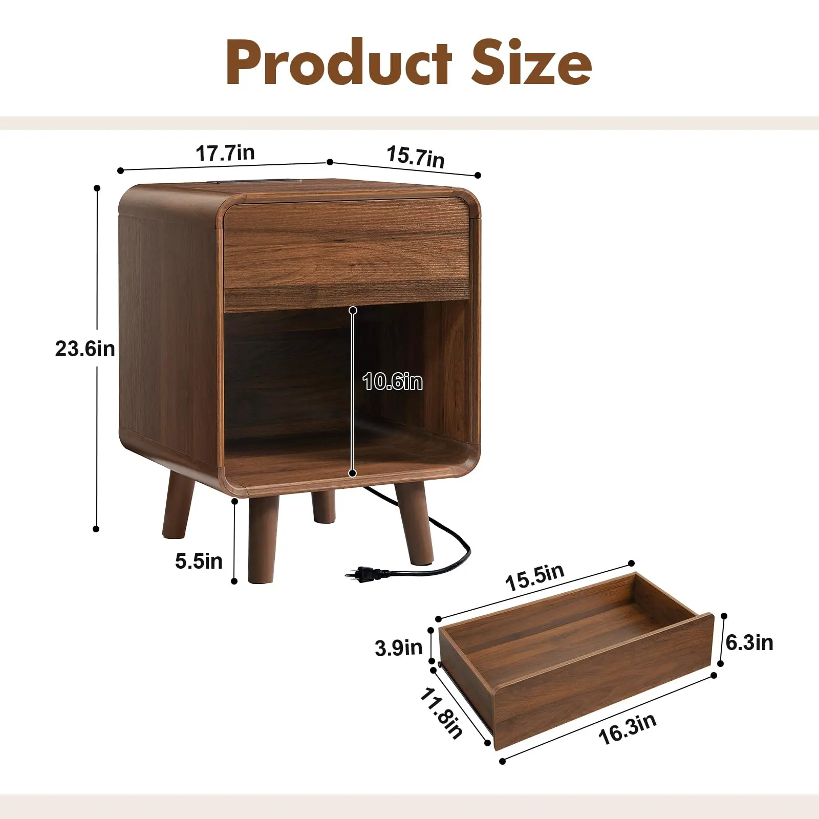 Small Night Stand, 17.7'' Wide Bedside Table with Charging Station, Mid Century Modern Nightstand with Drawers, Curved