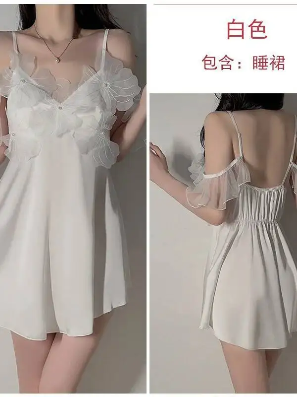 Süßes Pure Desire-Stil, bezaubernde Spitze, tief ausgeschnittene Push-Up-BH-Pads, Leibchen, Pure Desire, leichtes Luxus-Satin-Nachthemd, Homewear 812Z