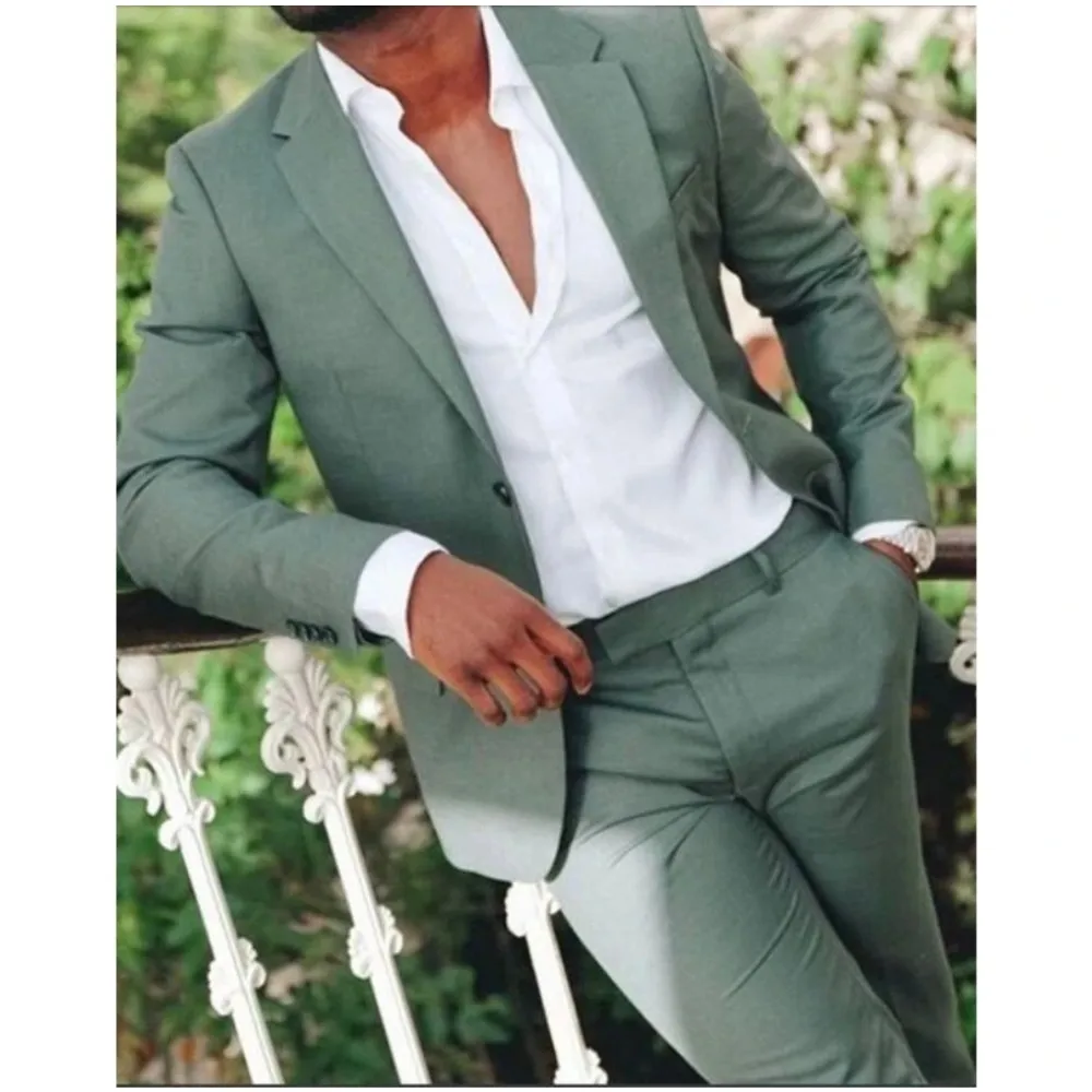 

Summer Casual Men Suits 2 Piece Green Groom Dress For Man Tuxedos Wedding Party Prom Blazers Tailor en's Clothing Jacket+Pant