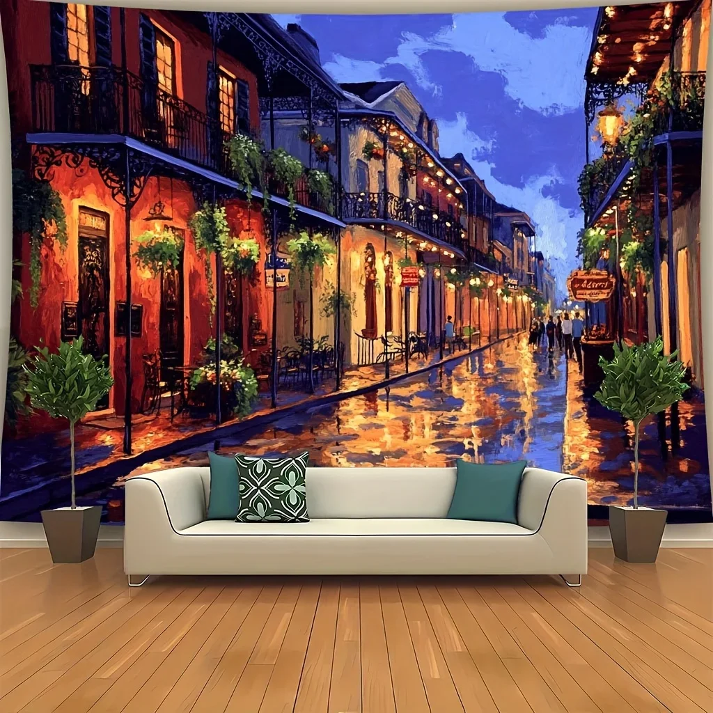 Tapiz vibrante de la calle de Jazz de Nueva Orleans: cuentas coloridas, música en vivo y donuts frescos, ideal para sala de estar, dormitorio