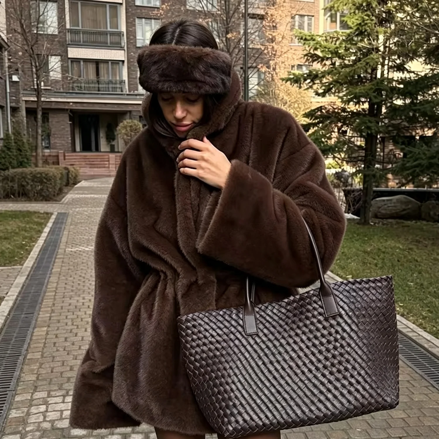 PUAL  Women Brown Fuzzy Faux Fur Coat Drawstring Waist Hooded Winter Warm Loose Plush Outerwear