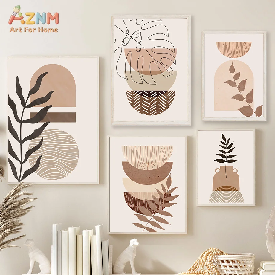 AZNM Boho Neutral Abstract Canvas Print Line Art Plant Leaf Arch Geometric Shape Earth Tone Minimalist Living Room Wall Poster U