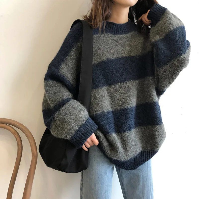 Women New Autumn Winter Simple Contrast Color Striped Sweater Women Lazy Retro Loose Knit Top Ladies Casual Comfortable Coat