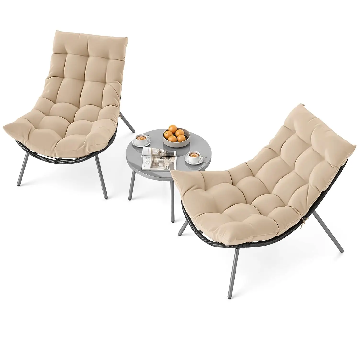 

3 Piece Patio Rattan Bistro Set Cushioned Papasan Chairs Tempered Glass Coffee Table Porch Balcony Deck Garden, Custom