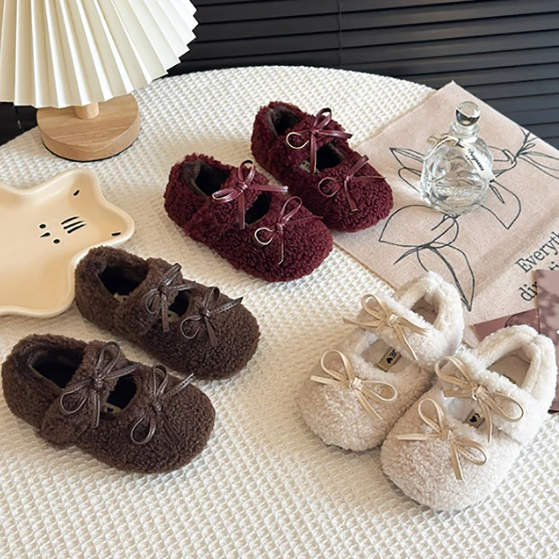 Girls Mary Jane Fashion Lambswool Plus Fluffy Shoes Winter New Soft-soled Princess Cotton Shoes.