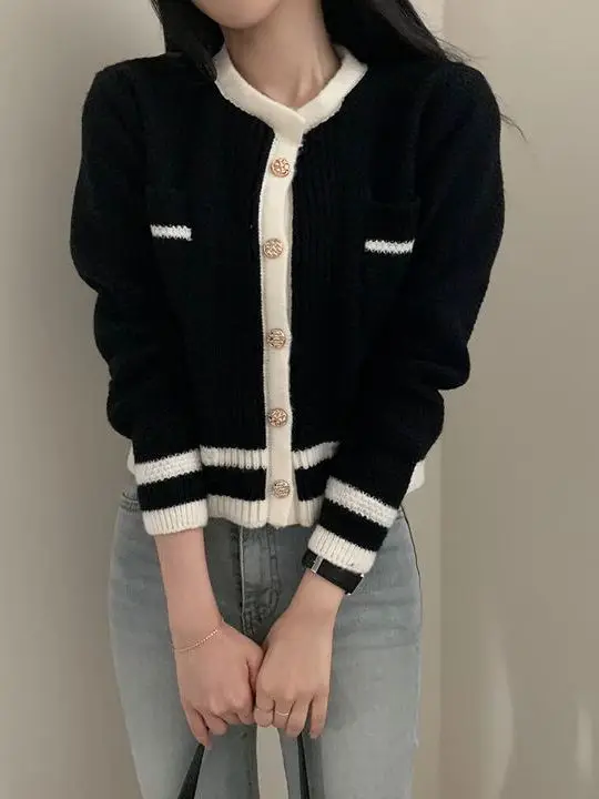 

Autumn Soft Fraance Design Knitted Sweater Jaet Women Loose Outerwear Top Match All Trendy Long Sve round Ne Button