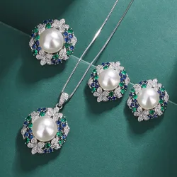 Charms Emerald Crystal Sunflower White Pearl Ring Earrings Set Jewelry Luxury Korean Fashion Wedding Accessories for Women Gift