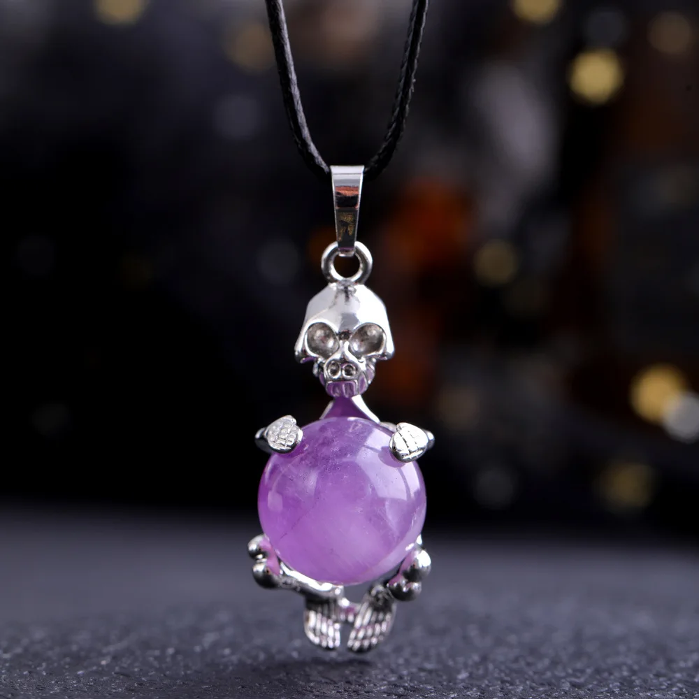 Natural Real Crystal Sphere Pendant With Skulls Hug Moving Beads Pendant Necklace Men Women Jewellry