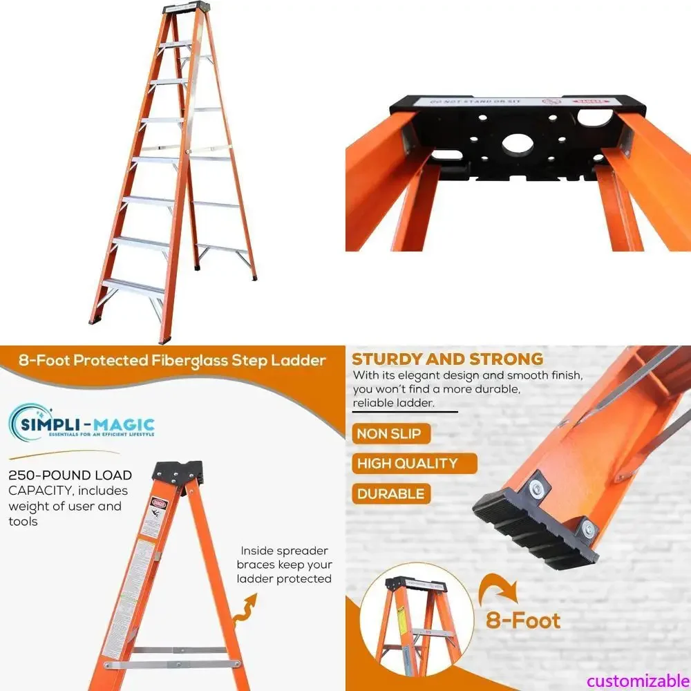 

Усиленная 8-футовая стеклопластиковая стремянка с грузоподъемностью 250 фунтов, противоскользящими ножками, легкой и прочной конструкцией