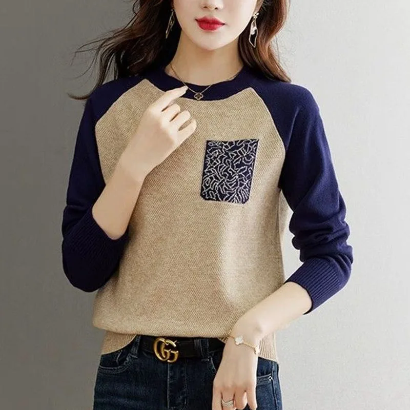 New Autumn Fashion Trend Colorblock Round Neck Loose Versatile Western Style Reducing Age Slimming Women\'s Sweater