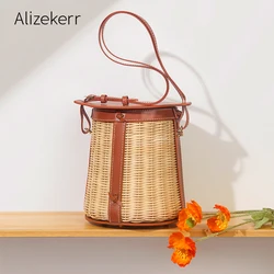 Alizekerr Rattan Bucket Beach Handbags Women New Summer Handmade PU Leather Patchwork Woven Straw Shoulder Bags Bohemian Holiday