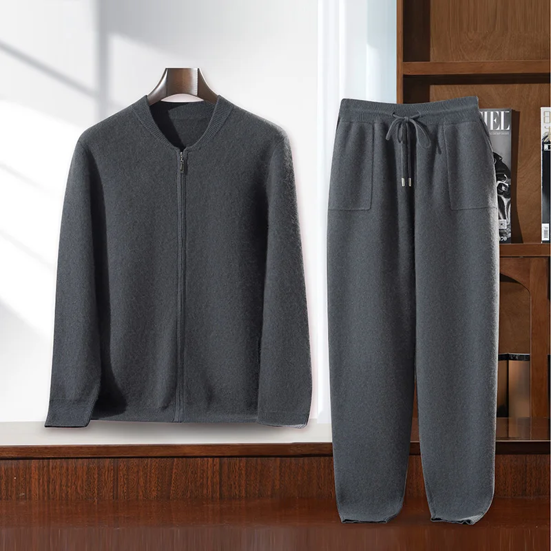 100% cashmere men's set baseball collar zipper cardigan jacket casual solid color knitted small leg pants pocket two-piece set