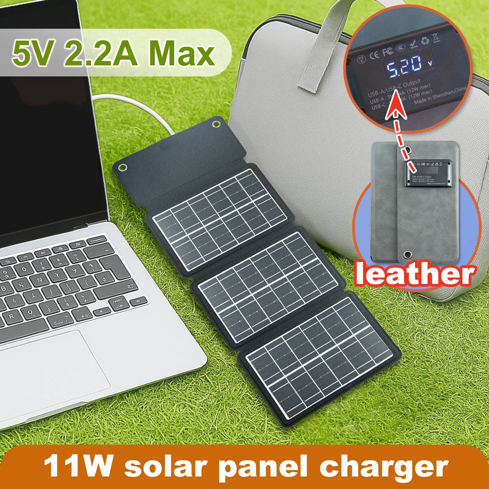 Leaorld 11W Foldable Solar Panel Portable Lightweight Leather USB-A & Type-C Charger for Power Bank Phone Hiking