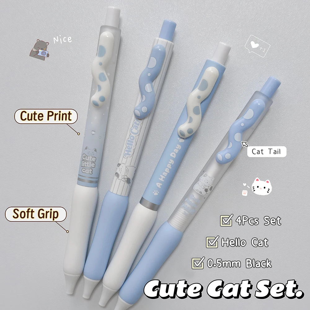 4Pcs/Set Cute Cat Gel Pen 0.5mm Blue White Style Quick-Dry Pen Fun Cat Tail Black Writing Pens for Study & Office Use