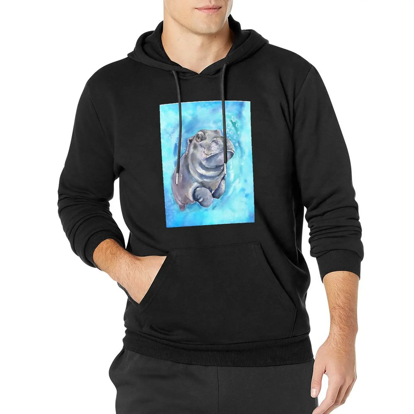 Hippo Baby watercolor art from George Dyachenko Pullover Hoodie men wear winter clothes mens clothing anime hoodie