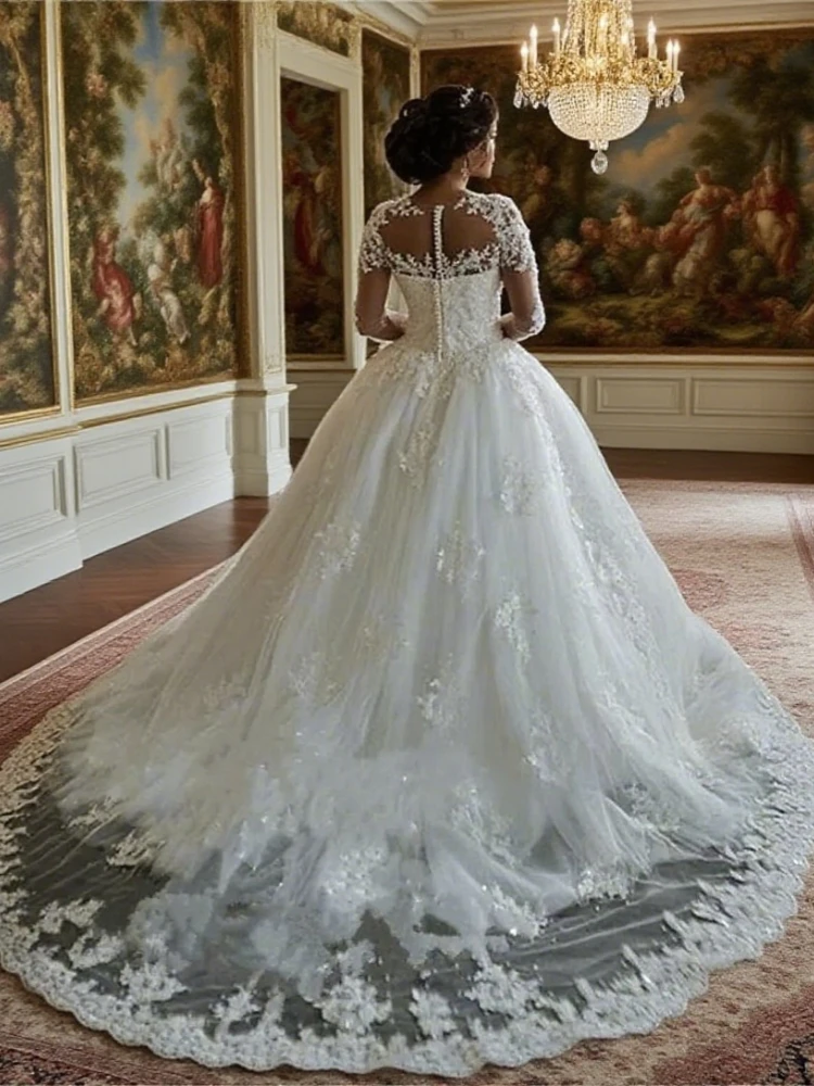Gaun Pengantin A-line Lengan Panjang Elegan Dubai Baru Gaun Pengantin Manik-manik Applique Renda Leher Kru Tipis Gaun Pengantin Vestios De Novia