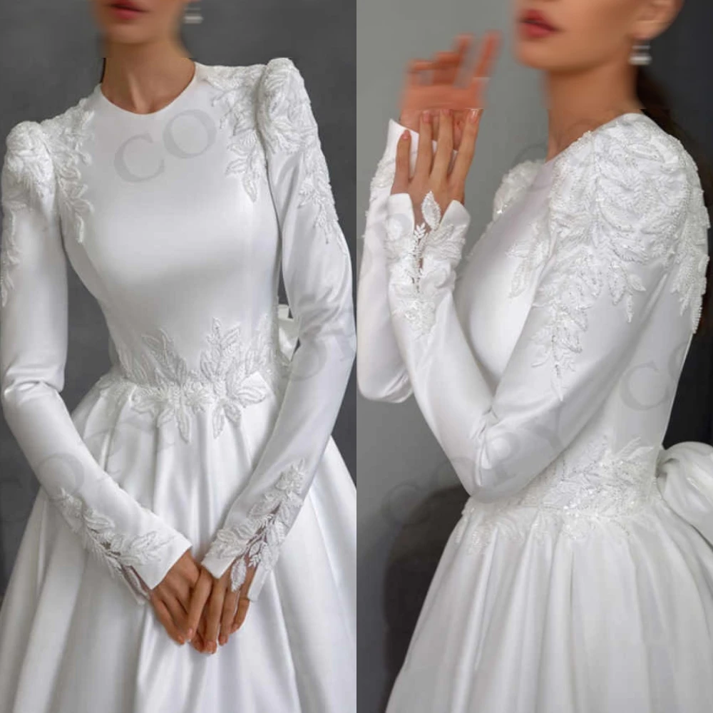 Personalizado simples o-pescoço a linha apliques requintados luxo cetim vestido de casamento de alta qualidade moderno mangas compridas vestidos de noiva