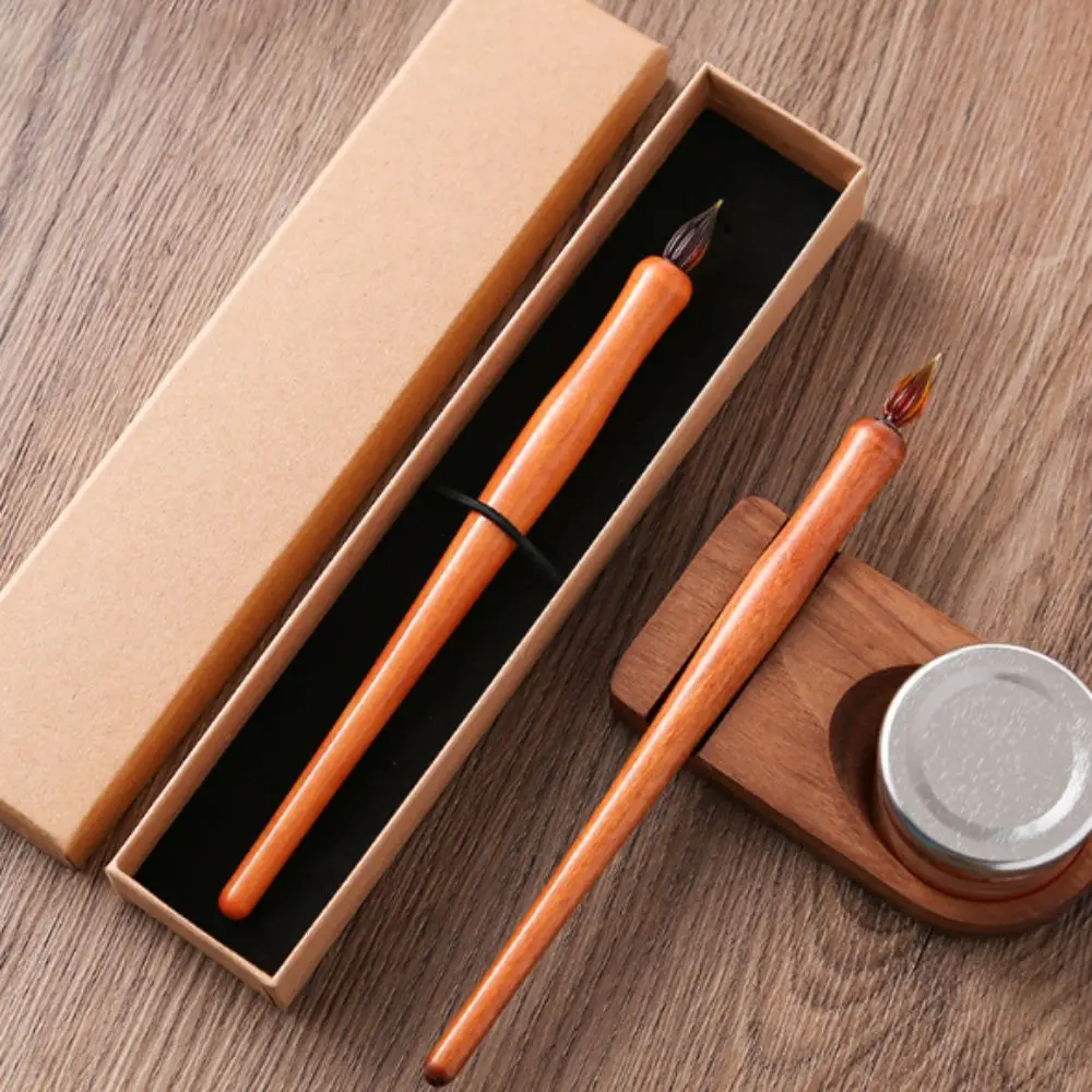 Wooden Pole Glass Pen Sealed Container Calligraphy Dip Pen Ink Holder Stationery Line Pen Dipping Pen Storage Rack Tools