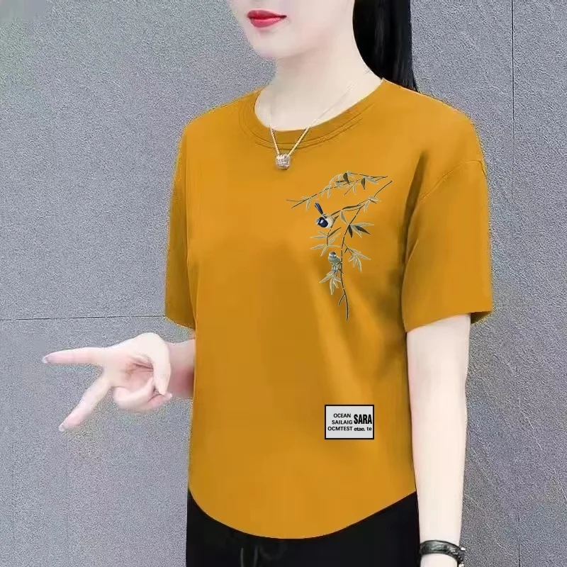 Loose Mommy Style T-Shirt New Chinese Retro Half Sleeve Cover Butt Large Size Casual round Neck Print Summer Top for Women