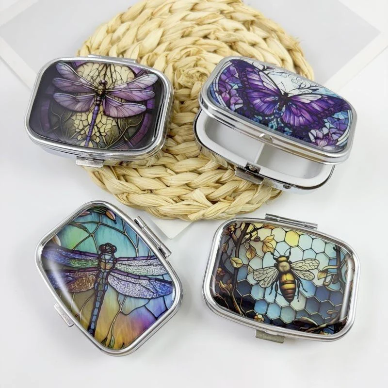 Square Two Compartment Metal Pill Box Portable Stained Glass Insect Print Medicine Container Travel