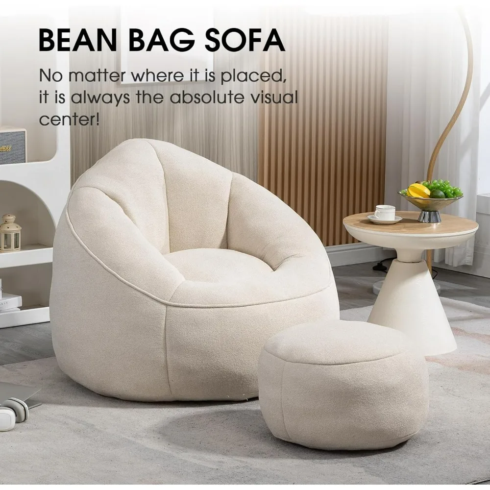 Bean Bag Sofa, Microfiber Upholstered Bean Bag Couch with Petal Back, Padded Lazy Sofa with Footstool, Memory Foam Stuffed Bean