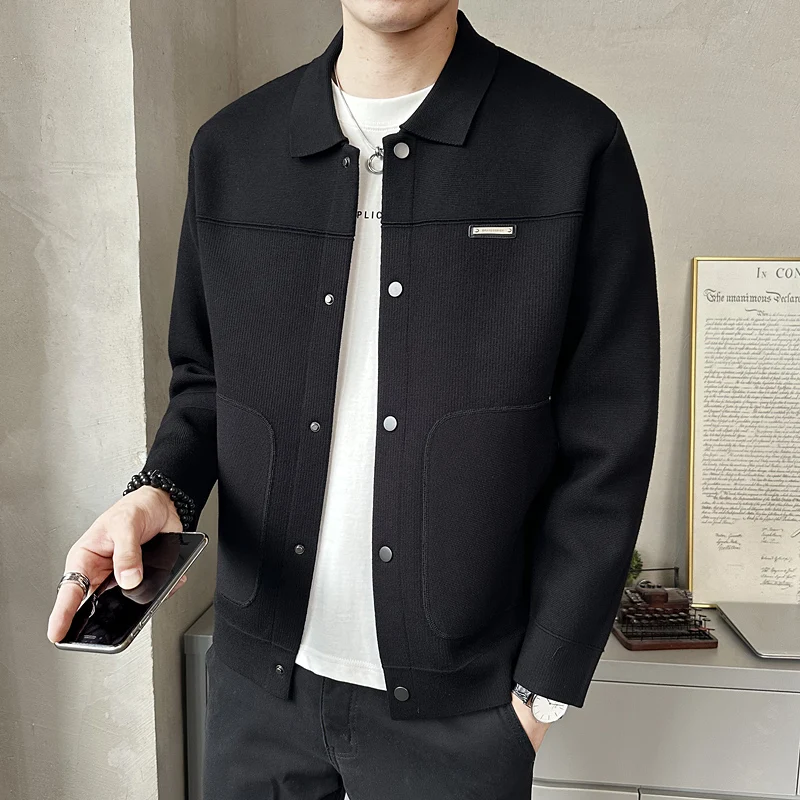 

Мужской вязаный кардиган с воротником, приталенный крой, повседневный стиль, осенняя мода, универсальный базовый цвет, весенне-осенний сезон