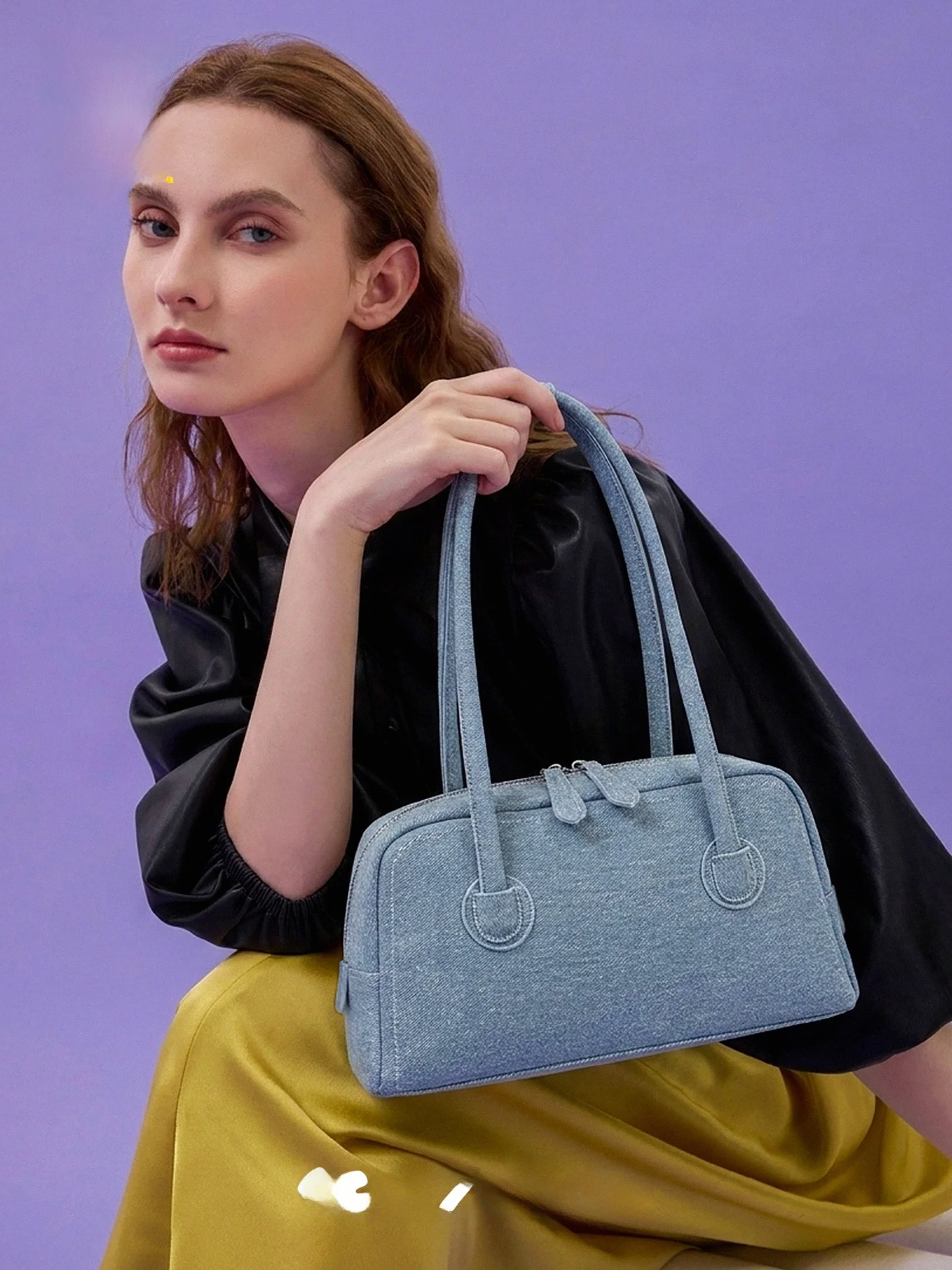 MuziKai Stylish Simple Denim Bowling Bag Women's Shoulder Bag Fashionable Underarm Bag Rectangular Shape Zipper Closure Handbag