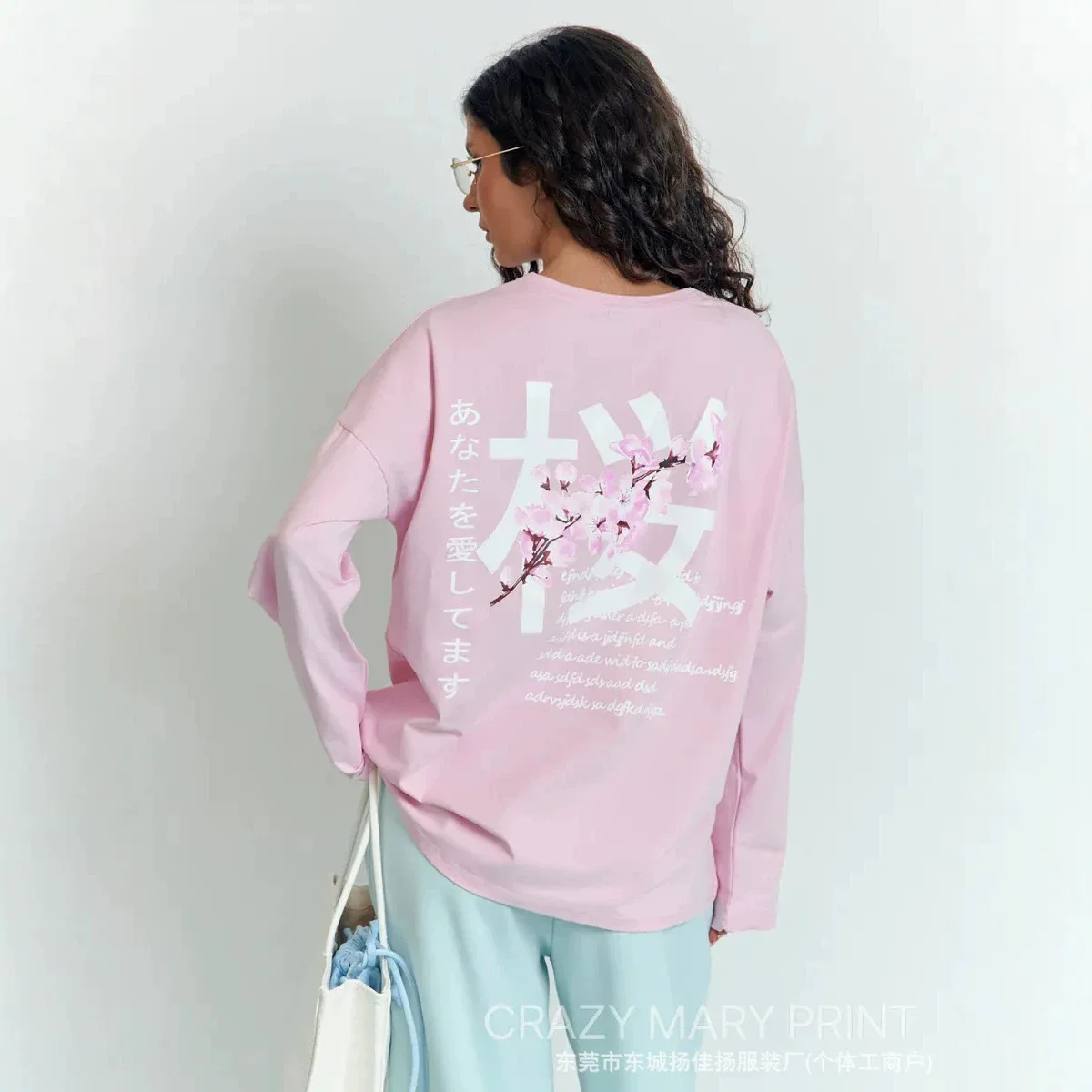 sweet Women 100%Cotton Long Sleeve T‑Shirt Oversized Loose Japanese Sakura Cherry Blossom Graphic Print Crew Neck Casual Tee Top