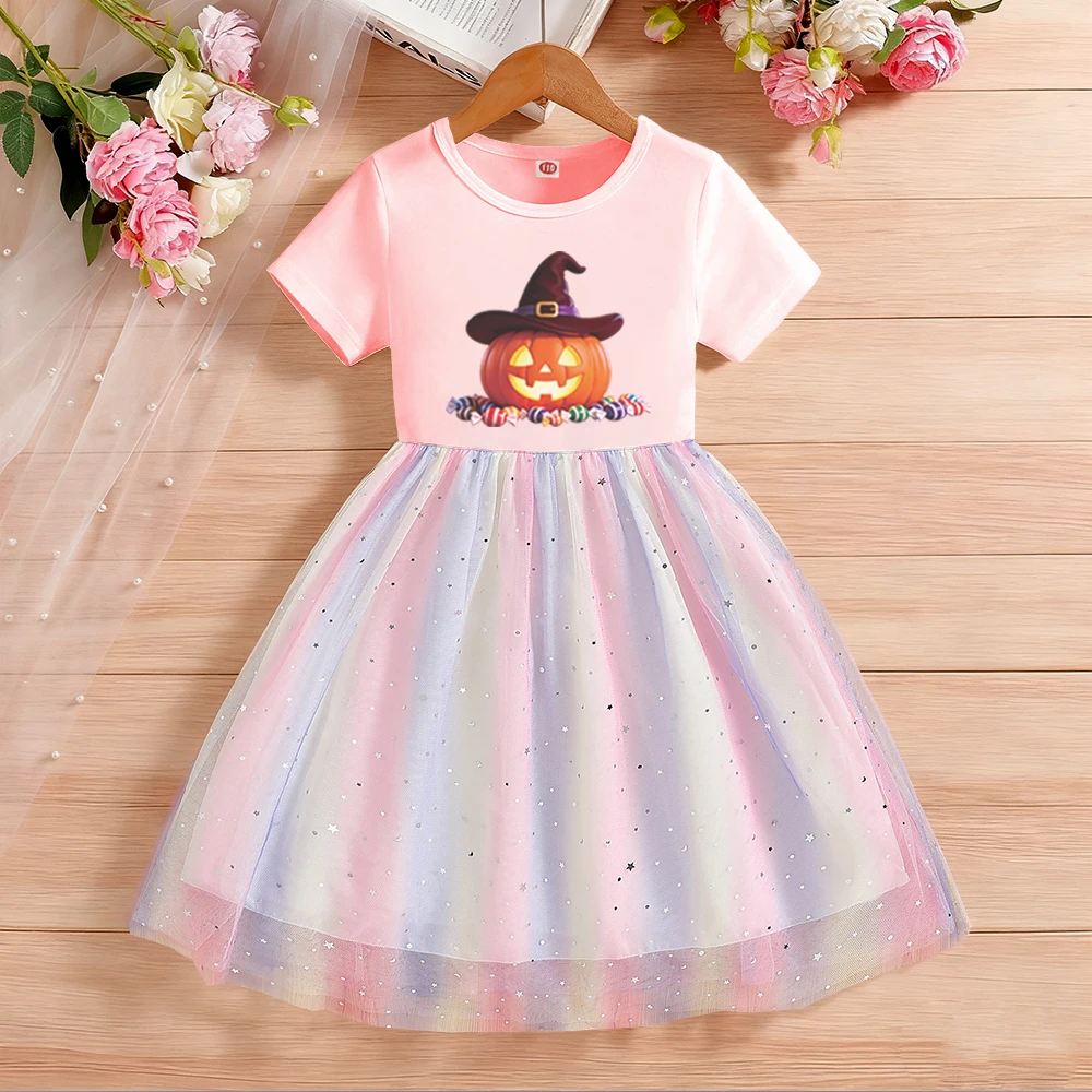 2026 New Hallowee Kids Clothes Summer Girls Dress Short sleeves Rainbow Princess Dress For Children Baby Birthday Party Clothing