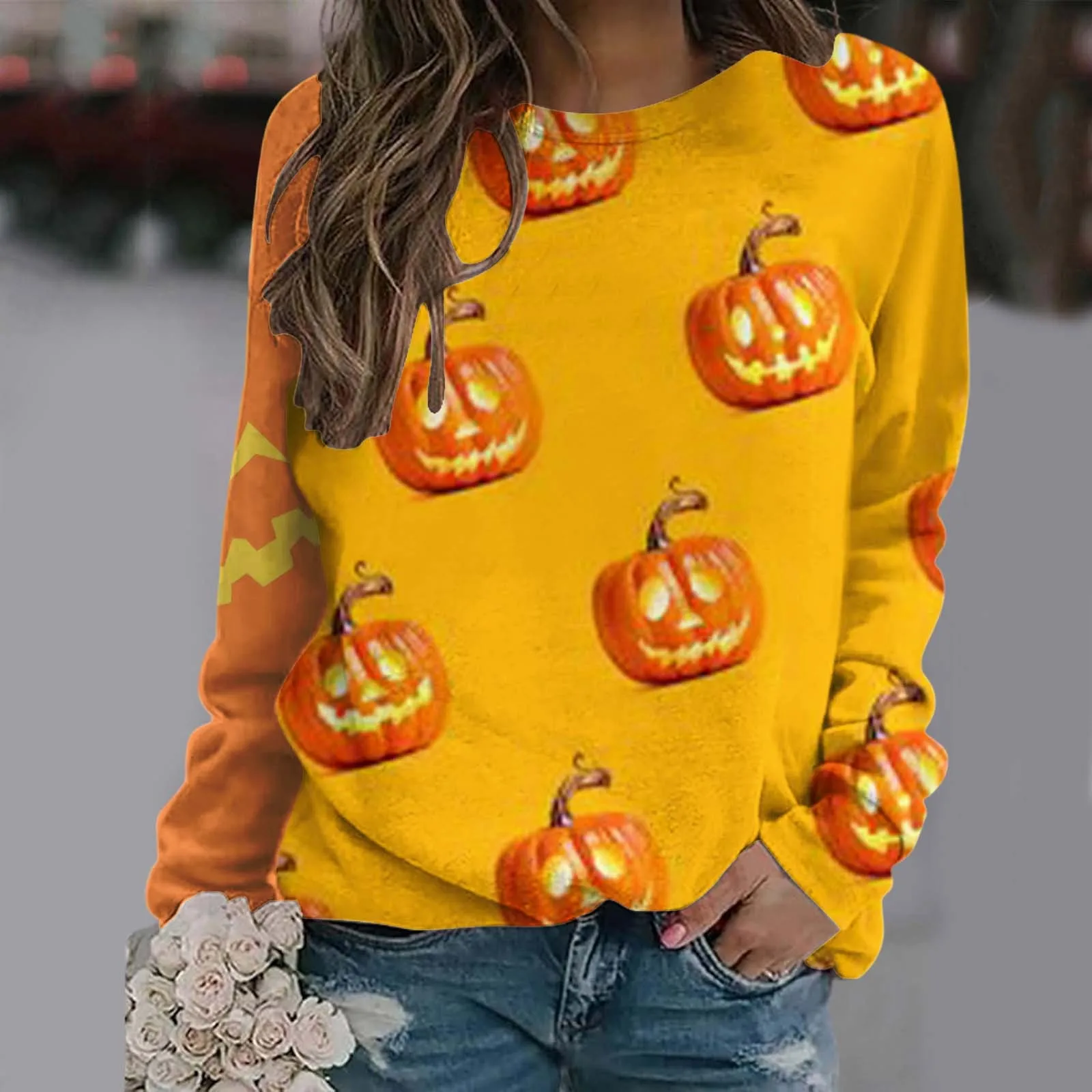 Sweat à capuche imprimé d'Halloween pour femme, col rond, manches longues, sweat à capuche décontracté mince, pull tendance, sweat-shirt assressenti, mode de vacances