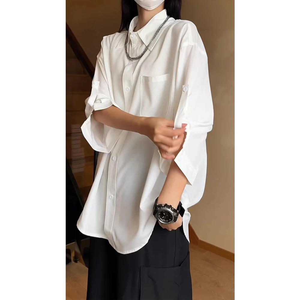

White Ice Silk Men's irt Summer Thin Drape ort Sve Seven-Quarter Sve Cleanfit Youth Faion Breathable Polyester Blend