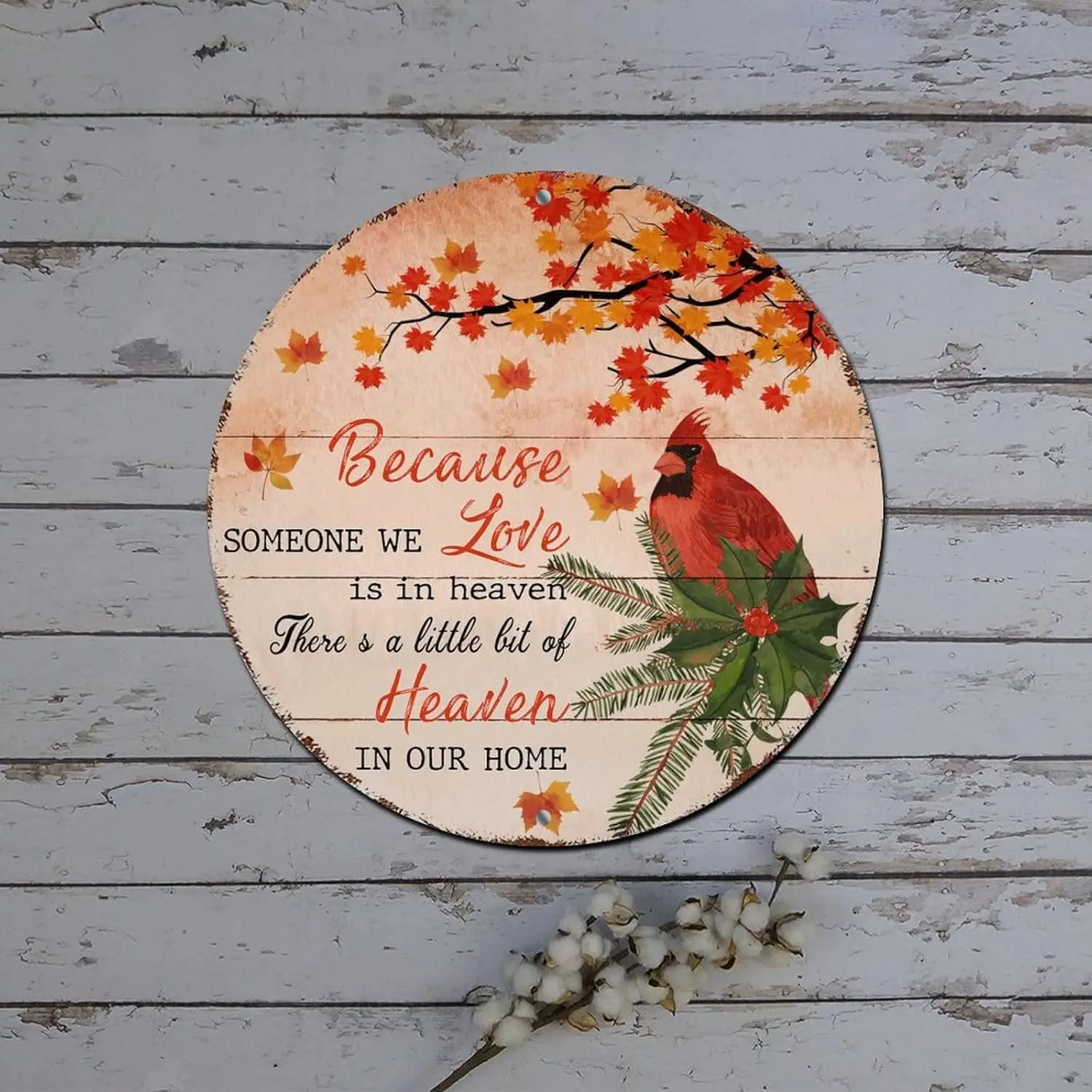 Merry Christmas Sign Because Someone We Love Is in Heaven Cardinalis Round Metal Tin Sign Christmas Decorations Wreath Retro Pla