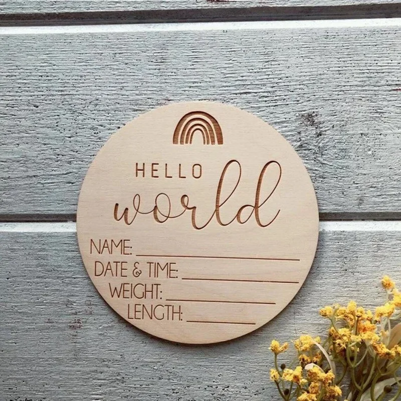 Wooden Hello World Birth Announcement DIY Sign Wood Baby Milestone Card Recording Cards Baby Photography Props Birth Cards