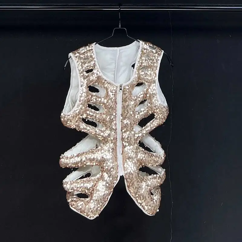 Skeleton Hollow Men's Vest Loose Sequins Decoration Sleeveless Zipper Design High Street Menswear Summer Fashion ZXE1