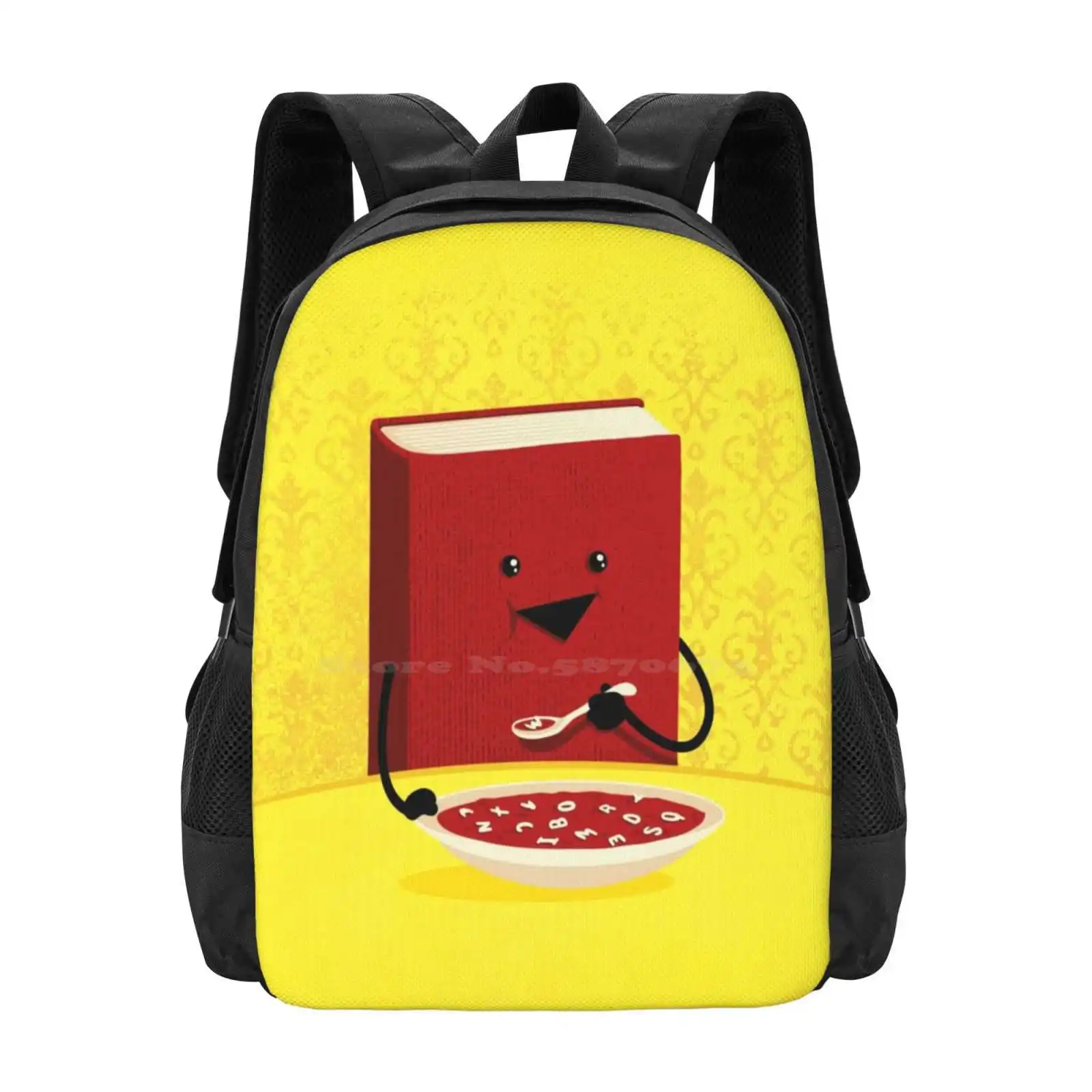 

Nutrition Hot Sale Schoolbag Backpack Fashion Bags Read Books Eating Alphabet Cute Humor Nerd Bookworm Literary Yellow Soup