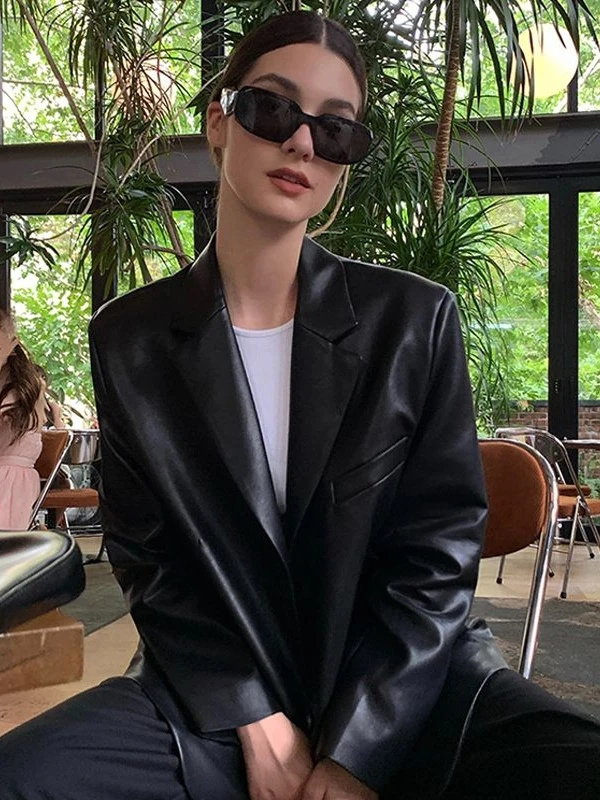 Black PU Leather Jacket Women's Loose Long Coat Style Commute Wind Waterproof Spring Autumn New Fashion High-End Feel Street ...
