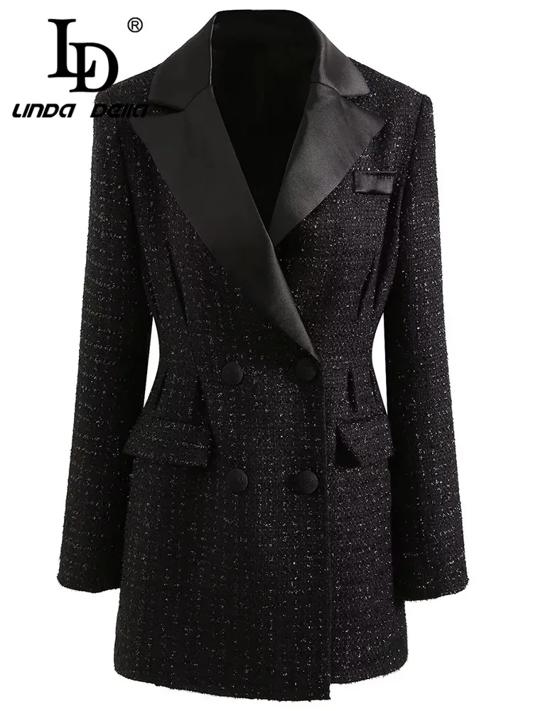 

LD LINDA DELLA Autumn and winter New Style Vintage Coat Women's Black Lapel Double-breasted Pockets Short Coat