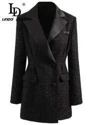 LD LINDA DELLA Autumn and winter New Style Vintage Coat  Women's Black Lapel Double-breasted Pockets Short Coat