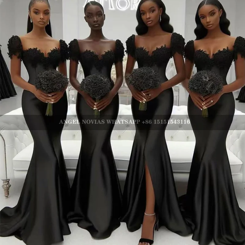 

Cap Sleeve Black Mermaid Long Bridesmaid Dresses Wedding Party Dress For Women Maid Of Honor robe demoiselle d honneur femme