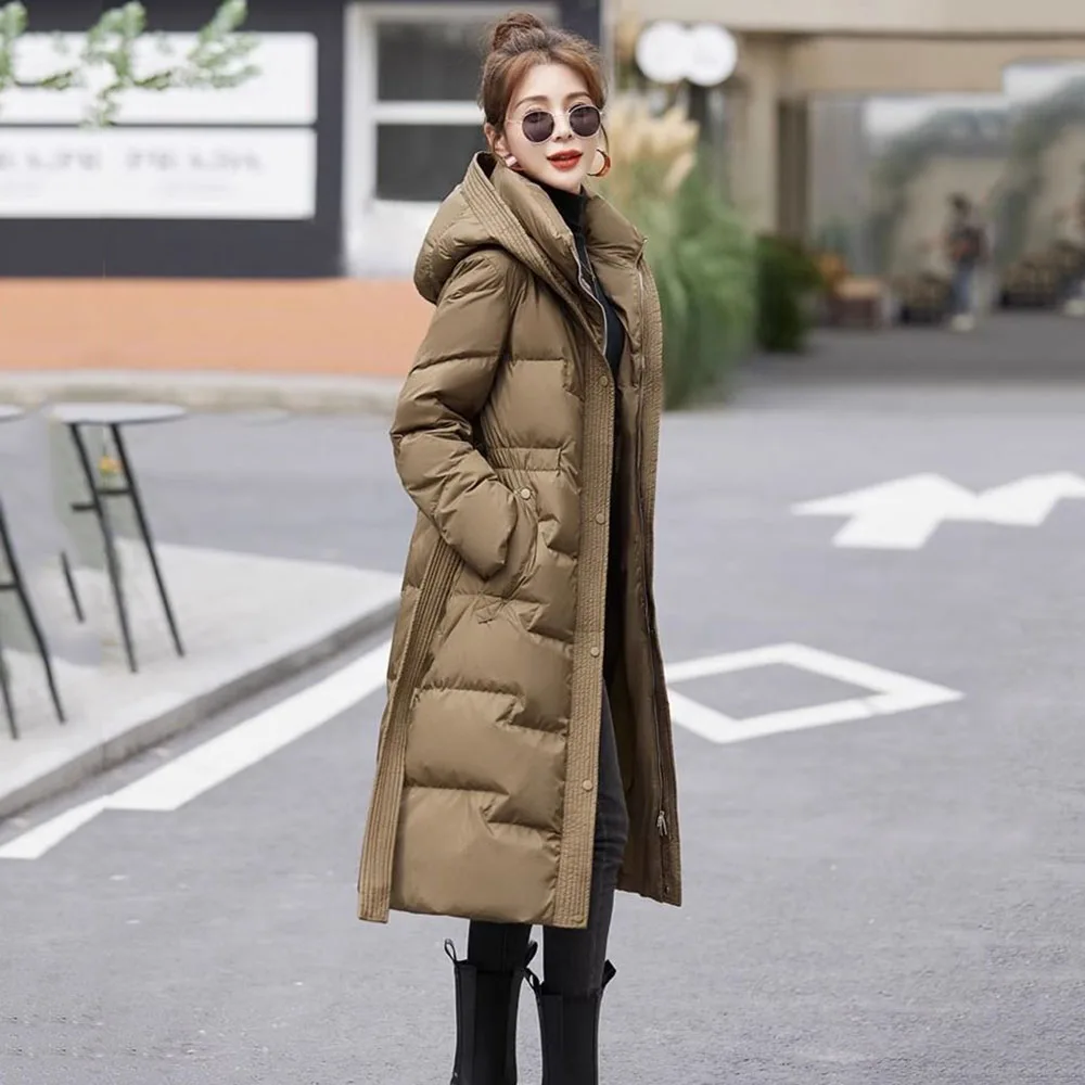 2024 Off-season Explosions Fashion High-end Temperament In The Long Leisure Over-the-knee Belt White Duck Down Warm Coat Women