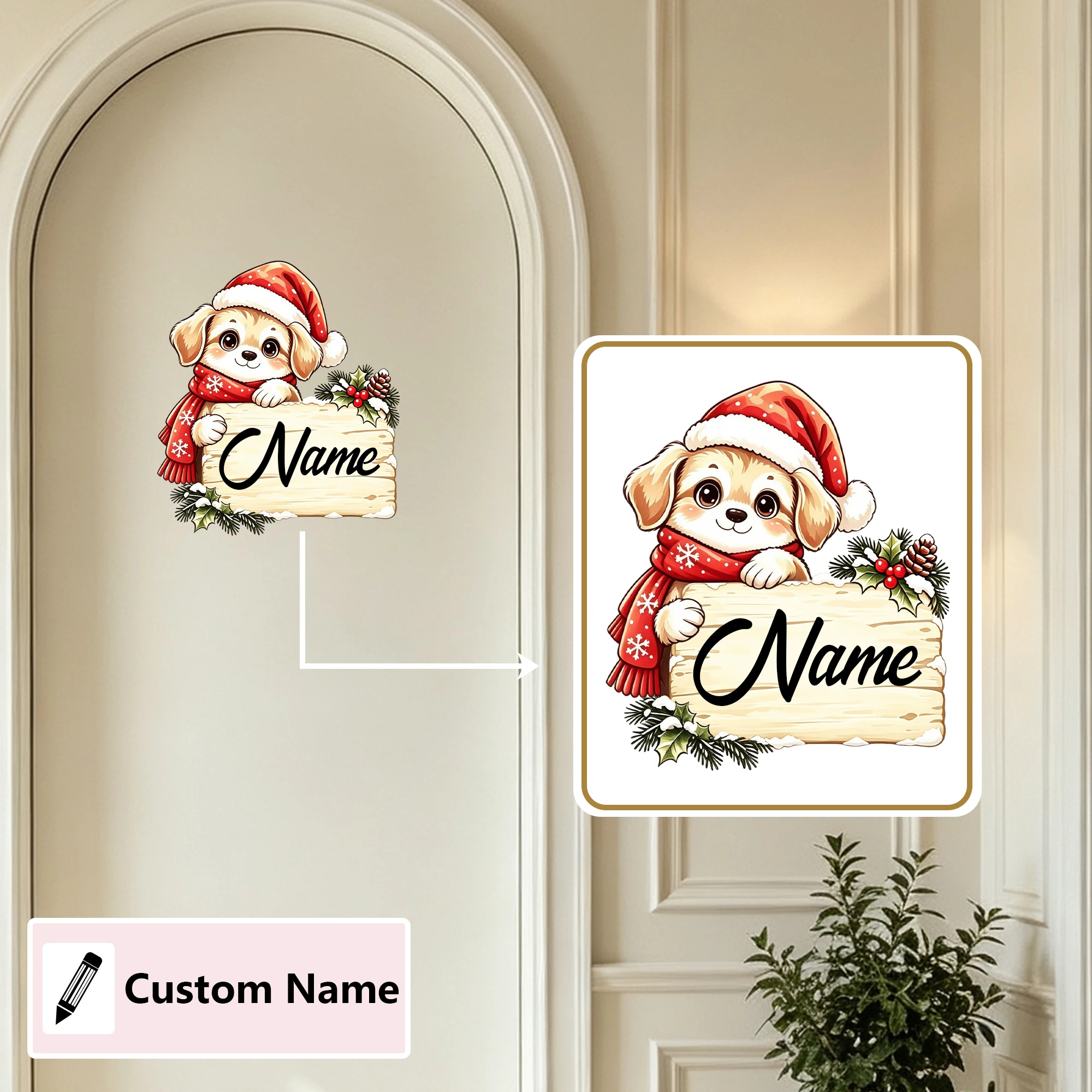 Custom Home Decor Personalized Name Christmas Animals Sign Red Scarf Berries Self Adhesive Removable Waterproof Wall Decals