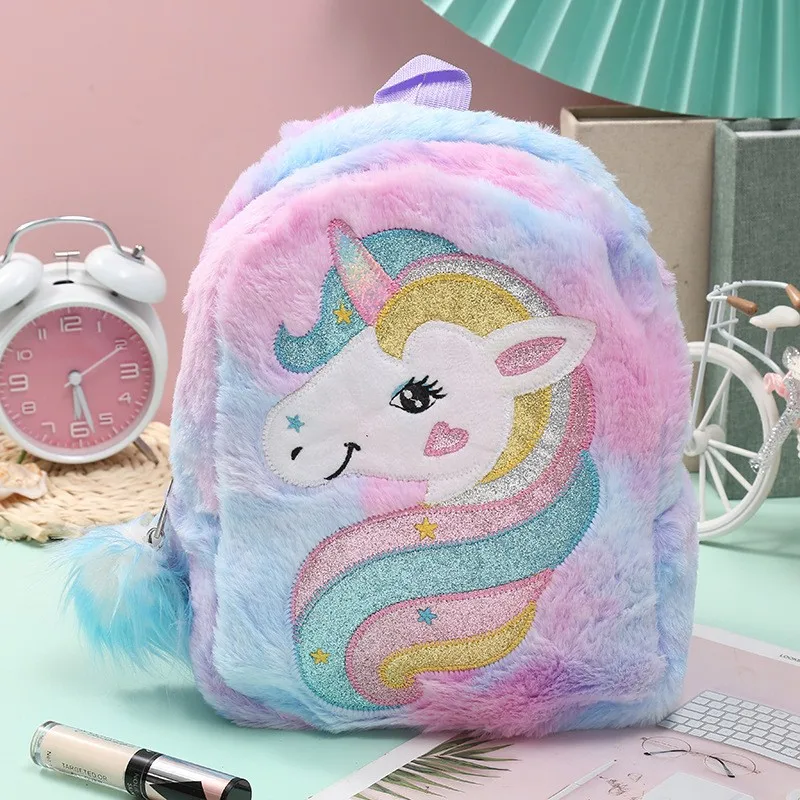 Paillettes cartone animato zaino ragazza peluche unicorno zaini moda pelliccia zaini bambini zainetto bambini regalo libro borsa per il compleanno