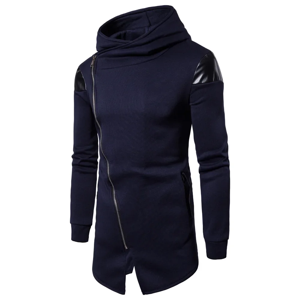 

2023 Autumn/Winter New Fashion Diagonal Zipper Panel Leather Casual Men's Hooded Sweater Coat