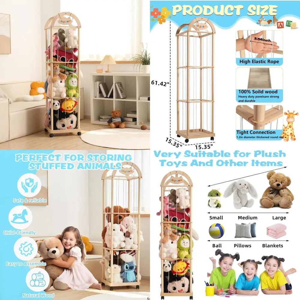 منظم تخزين ألعاب حديقة الحيوان الخشبي الفاخر للأطفال الصغار وغرفة اللعب وغرفة النوم
