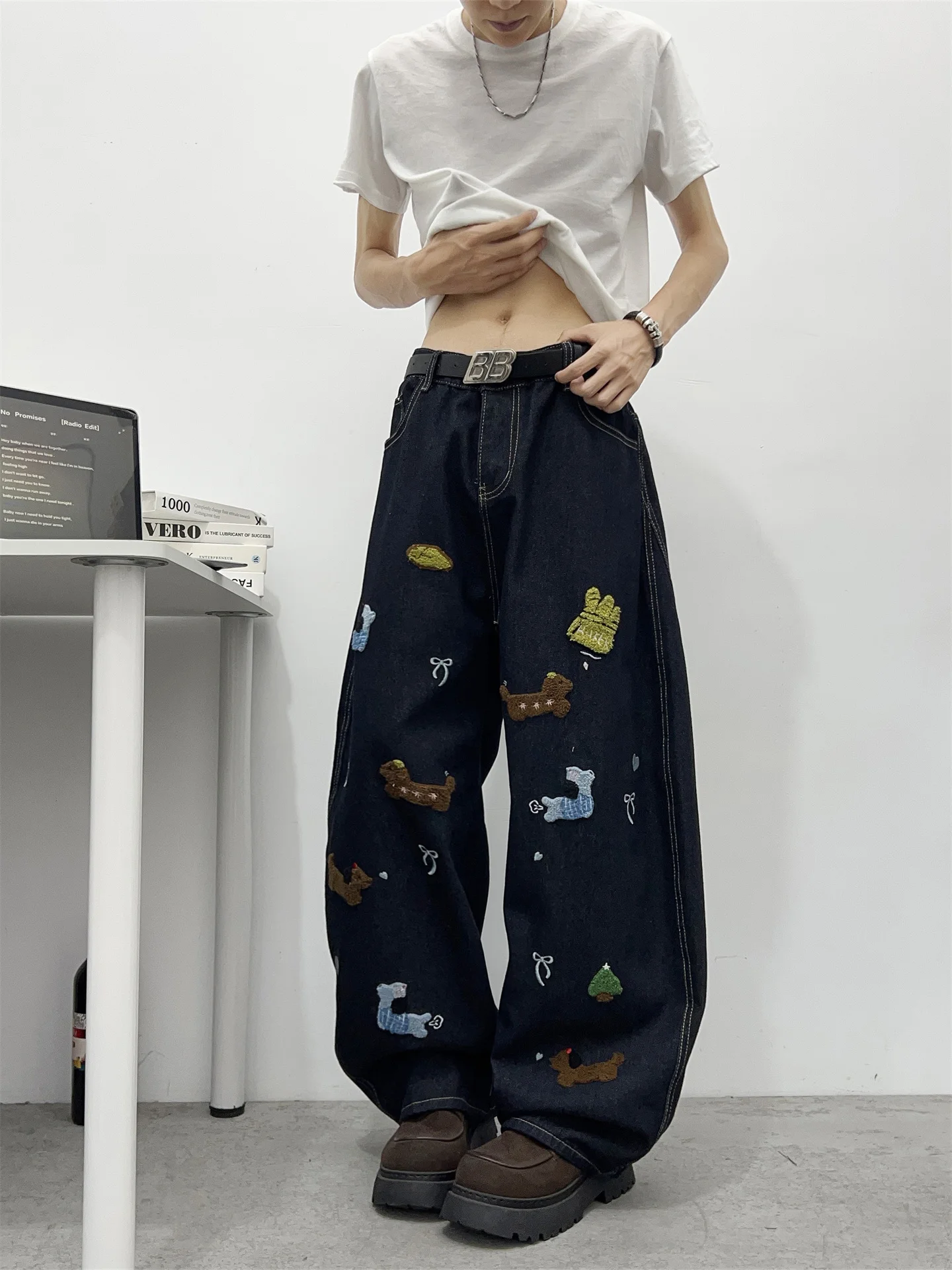 

American Sle Embroidered Dog Jeans Men's Summer Lazy Loose Design Wide Leg Loose Knife Slim Long Pants Casual Straight Tube