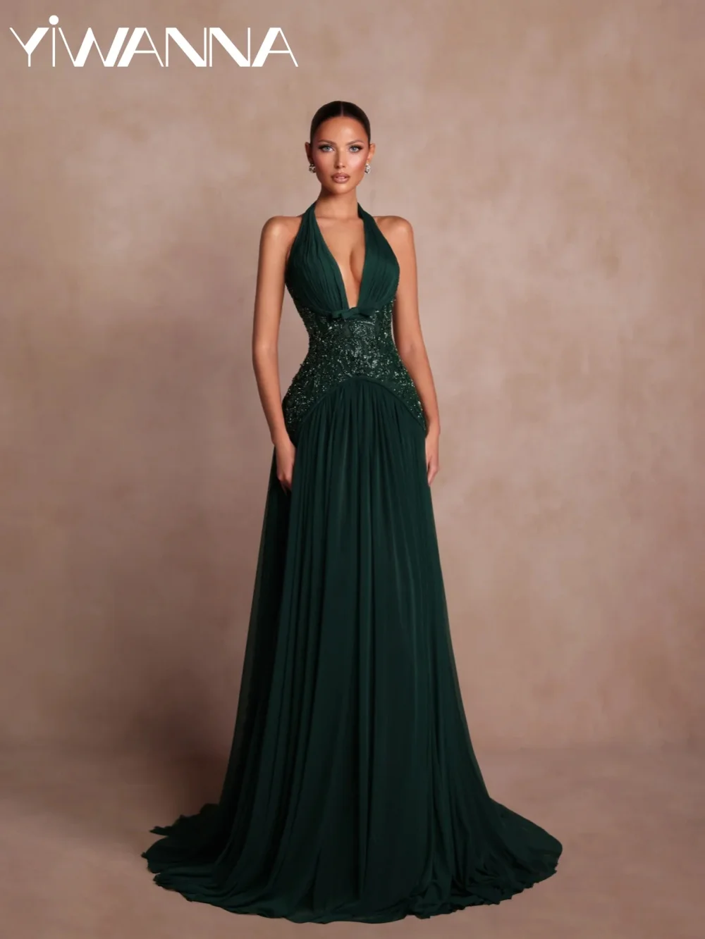 

New Chiffon Beaded Evening Dress Long Stylish Halter A-line Wedding Party Gown Customized Stunning Sleeveless Prom Dresses