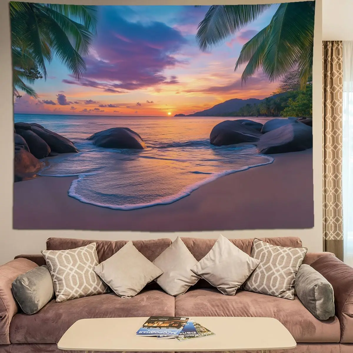 Beach Sunset Ocean Tapestry – Tropical Palm Trees Wall  Summer Seaside Landscape Wall Hanging for Bedroom Living Room Dorm