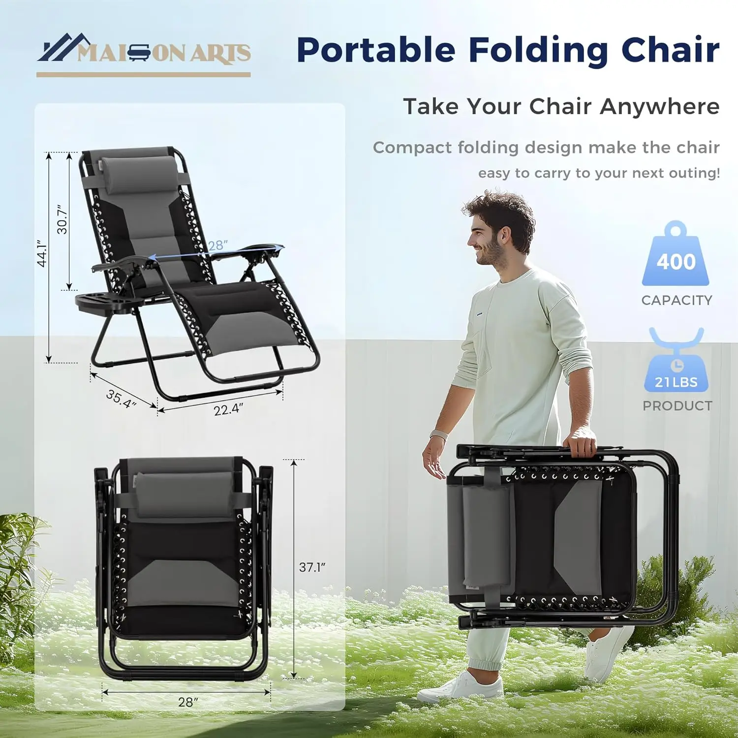

Folding Recliner Chairs Set of 2, Padded Lounge with Cup Holder, 28' Wide Seat, Supports 400lbs, Grey and Black